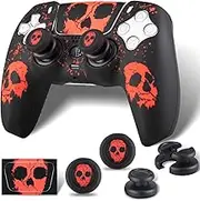 PlayRealm Silicone Skin Cover& Sticler x 1 & No Falling Off Thumbstick x 2 for PS5 Controller (Ghost Face Red)