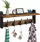 Wood Coat Rack with Shelf, Wall-Mounted, 5 Metal Hooks, Rustic Brown Black