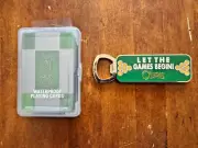 O'Sheas casino souvenirs, playing cards and bottle opener with magnet.