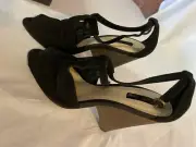 Black suede leather heeled sandals - size 9 retro designer - brand new in box