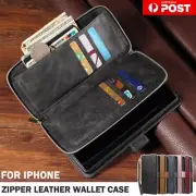 For iPhone 16 15 14 13 12 11 Pro Max XS 8 Case Leather Zipper Wallet Flip Cover
