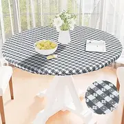 Round Vinyl Table Cloth, Waterproof Elastic Fitted Tablecloth with Flannel Backing, Plastic Table Cover for Picnic, Camping, Outdoor (Grey & White, 45" - 56")