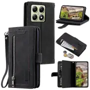 For Xiaomi 14T Pro Case PU Leather Phone Cover with Zipper Wallet 9 Card Slots