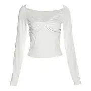 Long Sleeve Off Shoulder Plain See-Through Crop Top White - M