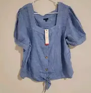 Talbots Womens Linen Top Size XL Blue Peasant Button Up Boho