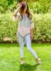 Crocheted Boho Poncho Fringe Tunic Top 1X Gray White Pink Asymmetric Colorblock