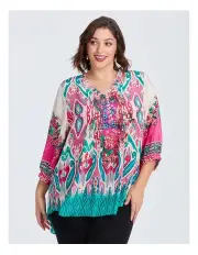 [Taking Shape] Natural Floral Aztec Pintuck Top in Print