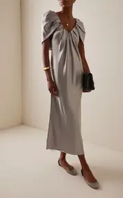 [Marina Moscone] Draped Satin Sheath Midi Dress