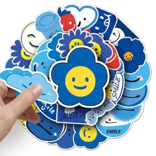 【Paper Play】創意多用途防水貼紙-藍色主題可愛微笑笑臉 50枚入(防水貼紙 行李箱貼紙 手機貼紙 水壺貼紙)