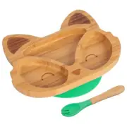 2pc Tiny Dining Green Bamboo Fox Baby Weaning Plate & Fork Set with Suction