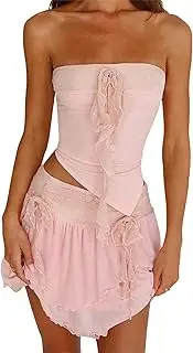 [Thopavenoir] Women Sexy Lace 2 Piece Outfits Ribbon Tie-Up Backless Tube Tops Double Layers Mini Skirts Y2k Going Out Set