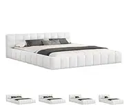 ALFORDSON King Size Bed Frame with Boucle Fabric Tufting Upholstery, Mattress Topper Foundation with Wooden Slats, 320kg Capacity, Boucle White