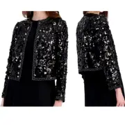 Anne Klein Sequined Crew Neck Open Front Blazer Jacket Coat Black Size XL - $199