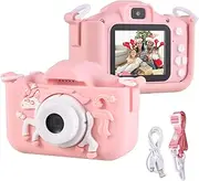 Cartoon Digital Camera 1080P Digital Video Camera for Dual Lens 2.0 Inch IPS Screen Built-in Battery Cute P Frames Esting Games with Neck Strap Birthday Pink