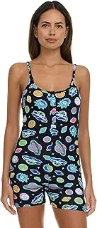 [COCO BRANDS] Rick and Morty Women's All Over Print Pajama Romper, 1-Piece Adjustable Straps Tank Top & Shorts Sleepwear, Black / Planets & Heads, Large