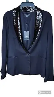 NWT ADRIANNA PAPELL Sequin Lapel Tuxedo Jacket Blazer Women's Black Sz Medium