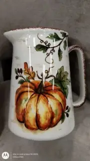 Maxcera CERAMIC PITCHER PUMPKIN VINE PATCH rustic brown Thanksgiving vase NEW