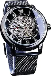 [FORSINING] Men's Skeleton Watch Steampunk Watch Black Mechanical Watch for Men Minimalist Retro Design Mechanical Skeleton Wrist Watch Transparent