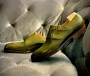 Taller Made green Leather Double Buckle Monk Straps Dress Wedding Shoes for Men