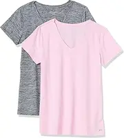 [Amazon Essentials] Women's Tech Stretch Short-Sleeve V-Neck T-Shirt (Available in Plus Size), Black Spacedye/Light Pink, X-Large