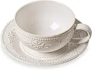 [AmiCera] Tea Cup and Saucer Set, Tea & Coffee Cups 250ml, Elegant Coffee Cup Set White Porcelain Set & Coffee Cups, Latte Cups and Espresso Mug for Specia, Flower Pattern, Two Sets