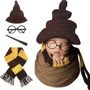 Xanewza 4 Pieces Newborn Photography Props Set Halloween Wizard Hat Scarf Wand Glasses Frame Crochet Baby Photo Props Halloween Baby Costume Magic Party