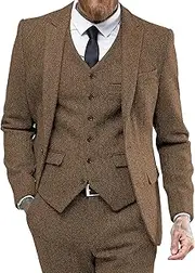 [JEShifangjiusu] Tweed Herringbone Wedding Suit Tuxedos Ball 3 Pieces Peak Lapel Wedding Dress Jacket Vest Pants Evening Outfit, khaki, M