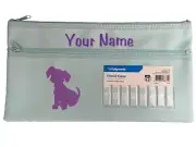BNWT Personalised Studymate Aqua Purple Puppy Zip Medium Pencil Case 17 x 32cm