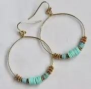 Aqua and Sky Blue Heishi and Gold Hoop Earrings. Light Weight.
