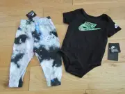 New NIKE 2 piece set black spray paint design snap top and pants size 12 month