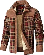Zaitun Men's Corduroy Plaid Sherpa Lined Flannel Shirt Jacket Fleece Coat