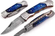Beautiful Custom hand made Damascus steel Folding knife With Sheath. ZEE-BLUE