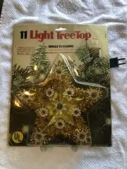 Vintage 11 Light Tree Top Star Gold Tinsel Christmas Lights Topper New Old Stock