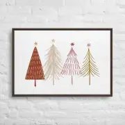 Christmas snow, pine trees, red doodle design 36x24-Framed Canvas Print