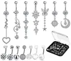 14 PCS Belly Button Rings for Women, 14G Long Dangle Navel Ring Screw Bar Des...