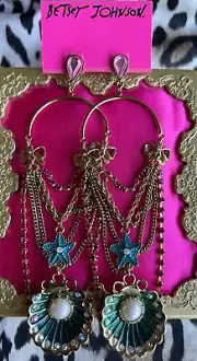 Betsey Johnson Vintage Sea Excursion Blue Clam Starfish Shell Long Earrings RARE
