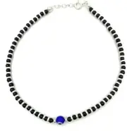 Sterling Silver Blue Evil Eye Nazariya Anklet With Black Beads For Girl 27 cm