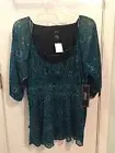 NEW Allison Morgan L Polyester Teal/Black/Gold Blouse Sheer