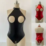 Wet Look Clubwear Nightwear Women's Red PU Leather Open Cup Crotchless Jumpsuit