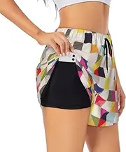 [WURTON] Triangle Geometric Print Exercise Gym Workout Shorts Women's Athletic Shorts Dual-Layered Yoga Running Shorts