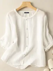 ZANZEA Lettuce Edge Crew Neck Solid Button 3/4 Sleeve Blouse