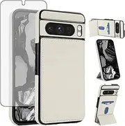 [Asuwish] Phone Case for Google Pixel 8 Pro 5G Wallet Cover with Tempered Glass Screen Protector Slim Credit Card Holder Slot Stand Cell Purse Pixel8Pro Pixel8 XL Eight 8Pro Women Men White