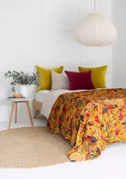 Velvet Frida Kantha Quilt Cotton Quilt Patchwork Quilt Handamade Floral Quilt Comforter Bedspread Blanket -Bird of Paradise Mustard - King