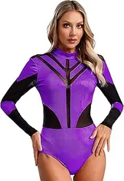 [TiaoBug] Women's Metallic Color Block Dance Rhythmic Gymnastics Leotard Mesh Long Sleeves Bodysuit Skating Dance Costume