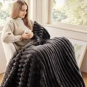 NEWCOSPLAY Fleece Throw Blanket 3D Ribbed Dark Grey Blanket for Couch Super Soft Cozy Warm All Seasons Use (Dark Grey Ribbed, Throw(50"x60"))