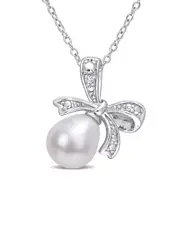 Rina Limor Silver 0.01 ct. tw. Diamond 8.5-9mm Pearl Bow Pendant Necklace