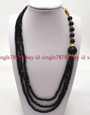 3 Rows 2x4mm Faceted & 6-14mm Black Agate Gemstone Beads Necklace 17-19" AAA