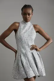 Sequin Metallic Boucle Halter Full Skirt Tailored Mini Dress
