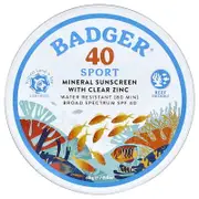Badger, Sport, Mineral Sunscreen with Clear Zinc, SPF 40, Unscented, 2.4 oz (68 g)