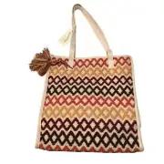 Boho Chic Woven Tote Bag with Geometric Pattern and Tassel Charm